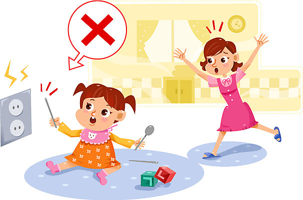 여자 어린이 일러스트 젓가락 성인 두명 장난감 숟가락 콘센트 전기에너지 위험 어린이사고 감전 전기감전 국내일러스트 AI파일 컨셉 수저 사람 에너지 사건 파일형식 벡터