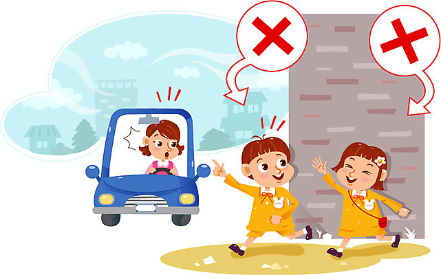 여자 남자 어린이 일러스트 자동차 성인 세명 달리기 유치원생 골목길 위험 교통안전 어린이사고 국내일러스트 AI파일 길 육상교통 컨셉 모션 안전 사람 사건 파일형식 벡터