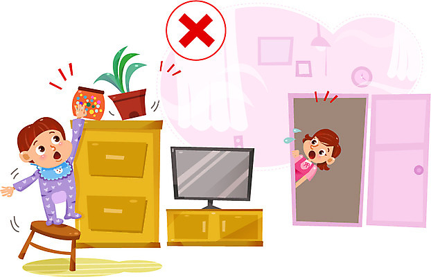 여자 남자 화분 아들 어린이 의자 일러스트 엄마 성인 두명 문 텔레비전 위험 서랍장 어린이사고 국내일러스트 AI파일 가구 컨셉 가족 사람 전자제품 사건 파일형식 벡터