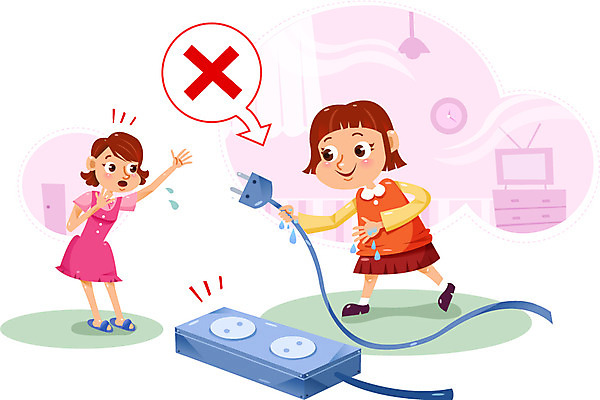 여자 딸 어린이 일러스트 엄마 두명 젖음 콘센트 플러그 전기에너지 위험 어린이사고 감전 전기감전 국내일러스트 AI파일 컨셉 가족 사람 에너지 사건 파일형식 벡터