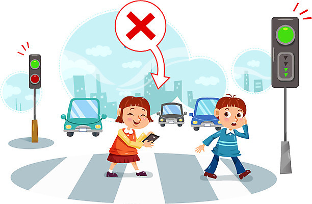 여자 남자 어린이 일러스트 자동차 두명 스마트폰 횡단보도 위험 신호등 교통안전 어린이사고 스쿨존 국내일러스트 AI파일 육상교통 컨셉 안전 사람 핸드폰 스마트기기 보행로 사건 파일형식 벡터