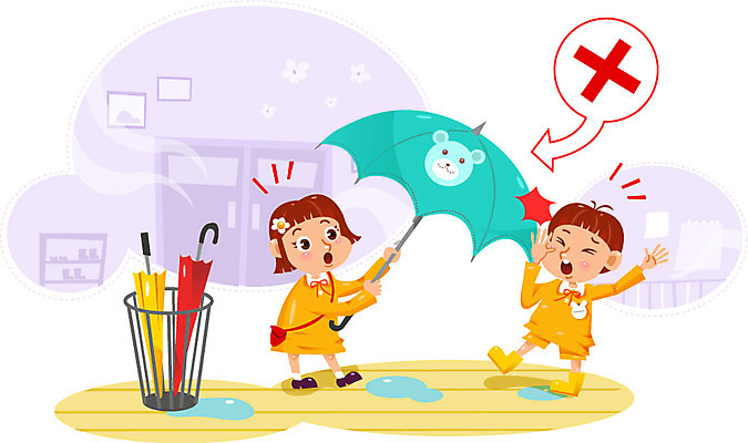 여자 남자 어린이 일러스트 우산 장난 두명 유치원생 위험 어린이사고 찌르기 우산꽂이 국내일러스트 AI파일 컨셉 모션 사람 사건 꽂이 파일형식 벡터