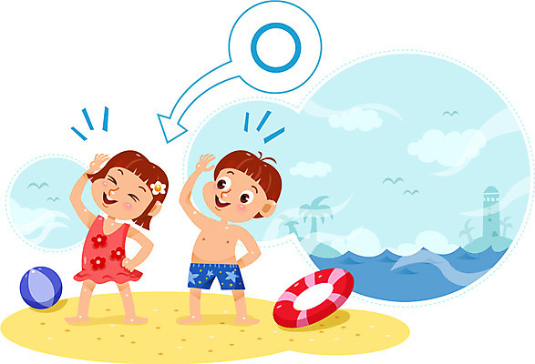여자 남자 수영복 어린이 바다 일러스트 두명 스트레칭 보호 비치볼 튜브 어린이사고 국내일러스트 AI파일 옷 컨셉 공 바캉스용품 사람 운동 사건 파일형식 벡터