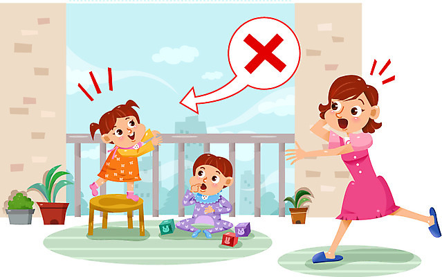 여자 남자 어린이 의자 일러스트 난간 성인 세명 장난감 발코니 위험 추락사고 어린이사고 국내일러스트 AI파일 가구 컨셉 사람 사건 파일형식 벡터