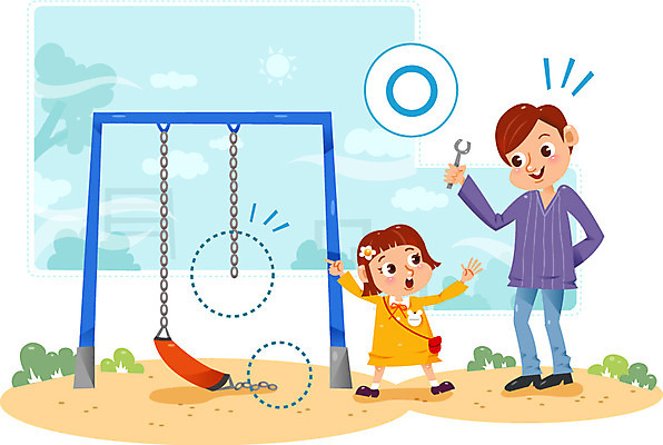 여자 남자 어린이 일러스트 안전 성인 두명 유치원생 수리 보호 놀이터 그네 어린이사고 국내일러스트 AI파일 컨셉 놀이 사람 사건 파일형식 벡터