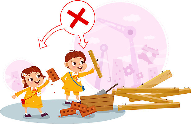 여자 남자 어린이 일러스트 벽돌 두명 유치원생 건설현장 못 위험 톱 어린이사고 각목 국내일러스트 AI파일 컨셉 건설업 사람 공구 사건 파일형식 벡터