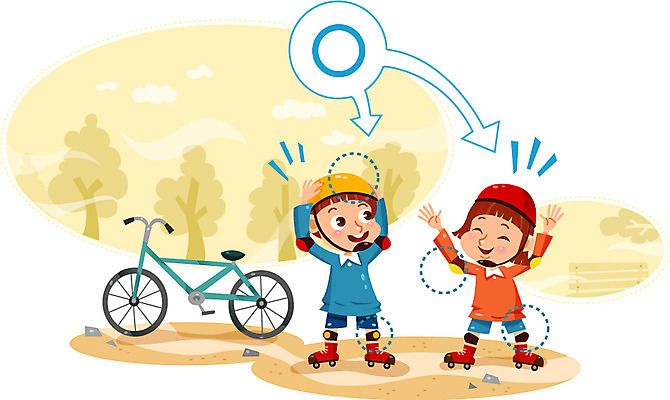 여자 남자 어린이 일러스트 안전 두명 자전거 롤러블레이드 보호 헬멧 보호장비 어린이사고 국내일러스트 AI파일 컨셉 사람 취미 바이크 장비 사건 파일형식 벡터