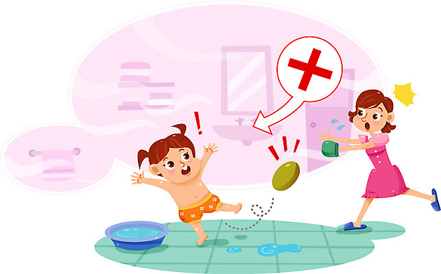 여자 어린이 일러스트 성인 두명 물 욕실 미끄러짐 위험 비누 목욕타월 대야 어린이사고 국내일러스트 AI파일 자연요소 컨셉 모션 사람 수건 위생용품 사건 파일형식 벡터