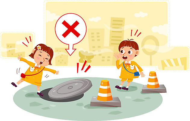 여자 남자 어린이 일러스트 두명 유치원생 위험 어린이사고 맨홀 맨홀구멍 맨홀뚜껑 국내일러스트 AI파일 컨셉 사람 사건 파일형식 벡터