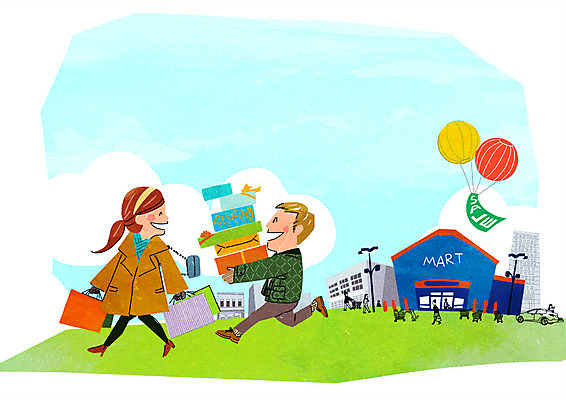 PSD 커플 여자 남자 일러스트 성인 두명 선물상자 쇼핑 쇼핑백 세일 상점 즐거움 애드벌룬 마트 풍선 설레임 대형마트 국내일러스트 감정 가방 관계 선물 사람 상자 파일형식