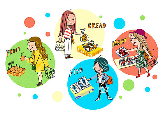 PSD 여자 남자 음식 빵 과일 일러스트 육류 어류 여러명 성인 쇼핑 장바구니 즐거움 설레임 슈퍼 국내일러스트 감정 다수 식재료 사람 바구니 수중동물 파일형식