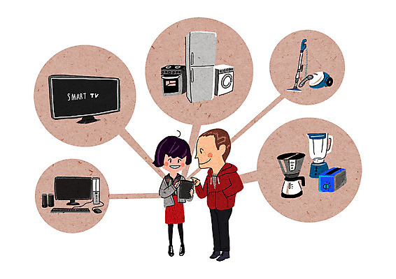 PSD 커플 여자 남자 일러스트 성인 두명 쇼핑 컴퓨터 텔레비전 가전제품 가스레인지 믹서 즐거움 냉장고 청소기 설레임 드럼세탁기 토스트기 국내일러스트 감정 관계 사람 전자제품 레인지 청소도구 세탁기 파일형식