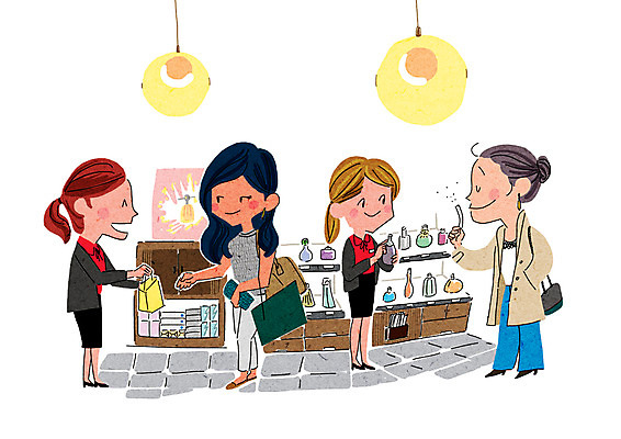 PSD 여자 일러스트 조명 여러명 성인 쇼핑 쇼핑백 화장품 향수 즐거움 향기 판매원 설레임 국내일러스트 직업 감정 다수 가방 사람 뷰티 냄새 파일형식