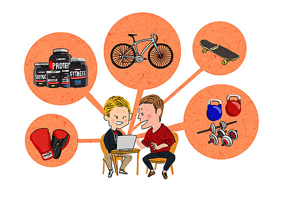 PSD 남자 의자 일러스트 탁자 성인 두명 쇼핑 자전거 권투글러브 스케이트보드 역기 즐거움 설레임 단백질 온라인쇼핑몰 국내일러스트 감정 가구 사람 바이크 글러브 보드_스포츠 쇼핑몰 온라인 영양소 파일형식