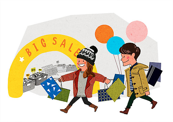 PSD 커플 여자 남자 일러스트 성인 두명 쇼핑 쇼핑백 세일 즐거움 풍선 설레임 국내일러스트 감정 가방 관계 사람 파일형식