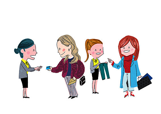 PSD 여자 일러스트 바지 여러명 성인 쇼핑 쇼핑백 신용카드 즐거움 판매원 설레임 국내일러스트 직업 감정 다수 가방 하의 사람 금융 파일형식