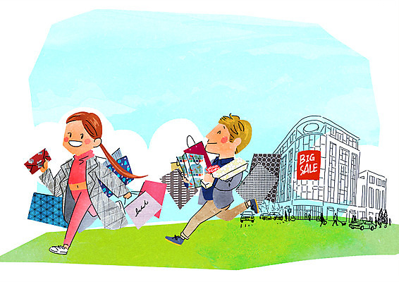 PSD 커플 여자 남자 일러스트 성인 두명 쇼핑 쇼핑백 즐거움 백화점 설레임 국내일러스트 감정 가방 관계 사람 상점 파일형식