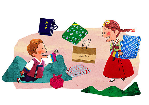 PSD 커플 여자 남자 일러스트 성인 두명 선물상자 쇼핑 쇼핑백 한복 즐거움 설레임 국내일러스트 한국전통 감정 가방 관계 선물 사람 상자 전통의상 파일형식