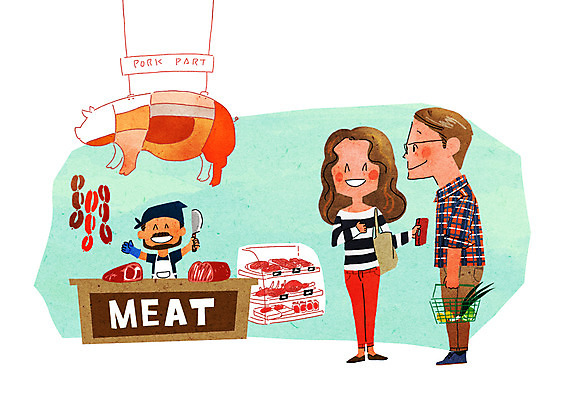 PSD 커플 여자 남자 일러스트 육류 성인 세명 쇼핑 장보기 장바구니 즐거움 식칼 설레임 정육점 국내일러스트 감정 식재료 관계 주방용품 사람 바구니 상점 파일형식