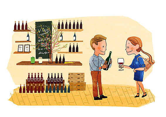 PSD 여자 남자 와인잔 가방 일러스트 선반 성인 두명 쇼핑 와인 즐거움 설레임 국내일러스트 잡화 감정 가구 술잔 주류 사람 파일형식