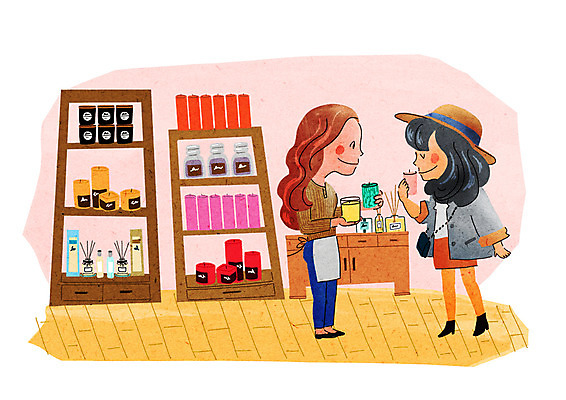 PSD 여자 일러스트 초 성인 두명 쇼핑 즐거움 냄새 향초 판매원 설레임 국내일러스트 직업 감정 사람 파일형식