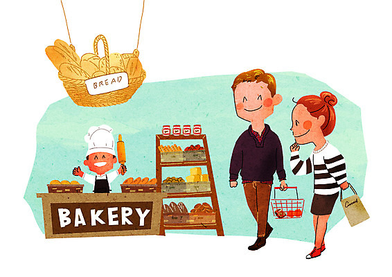 PSD 여자 남자 빵 일러스트 성인 세명 쇼핑 장보기 쇼핑백 장바구니 즐거움 설레임 제빵사 국내일러스트 직업 감정 음식 가방 사람 바구니 파일형식