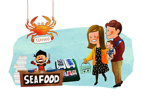 PSD 부부 여자 남자 일러스트 가족 간판 매달리기 어류 들기 여러명 성인 쇼핑 장보기 앞치마 꽃게 아기 상인 해산물 장바구니 즐거움 진열장 마트 식칼 아기띠 국내일러스트 커플 감정 다수 관계 모션 주방용품 사람 바구니 상점 수중동물 아기용품 게 파일형식