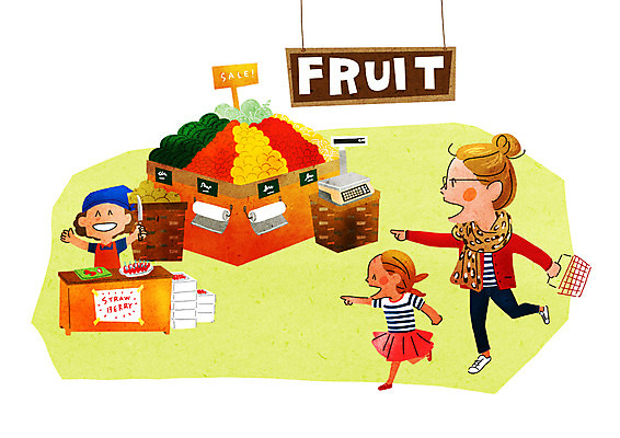 PSD 여자 과일 일러스트 수박 성인 세명 쇼핑 장보기 장바구니 즐거움 설레임 국내일러스트 감정 사람 바구니 파일형식