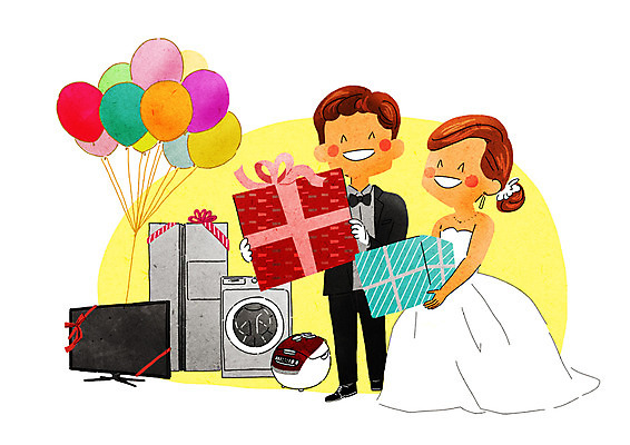 PSD 부부 여자 남자 웨딩드레스 일러스트 정장 턱시도 성인 두명 선물상자 쇼핑 텔레비전 즐거움 냉장고 풍선 설레임 밥솥 드럼세탁기 혼수품 국내일러스트 커플 드레스 옷 감정 결혼 주방용품 선물 사람 전자제품 상자 가전제품 오브젝트 세탁기 파일형식