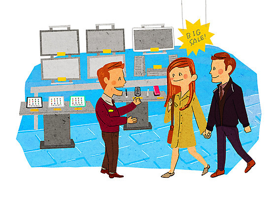 PSD 부부 커플 여자 남자 일러스트 성인 세명 전자제품 쇼핑 세일 텔레비전 즐거움 판매원 설레임 국내일러스트 직업 감정 관계 사람 파일형식