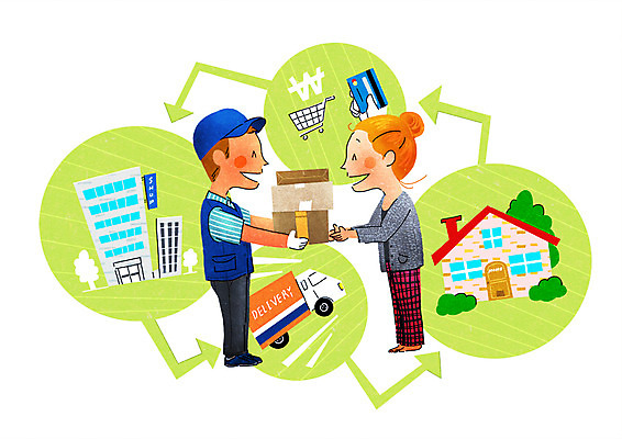 PSD 여자 남자 일러스트 주택 빌딩 성인 두명 쇼핑 트럭 신용카드 택배기사 즐거움 택배 택배상자 설레임 국내일러스트 감정 자동차 사람 건물 금융 상자 운송업 배달원 파일형식