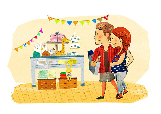 PSD 부부 여자 남자 일러스트 성인 두명 쇼핑 쇼핑백 임산부 아기용품 즐거움 설레임 국내일러스트 커플 감정 가방 사람 임신 오브젝트 파일형식