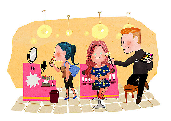 PSD 여자 남자 일러스트 성인 세명 쇼핑 화장품 거울 립스틱 즐거움 아이섀도 설레임 메이크업브러쉬 국내일러스트 감정 사람 뷰티 붓 파일형식