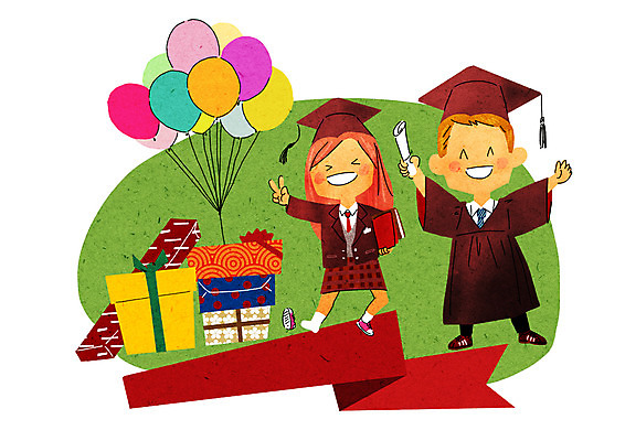 PSD 여자 남자 교복 일러스트 학사모 졸업 졸업생 성인 두명 선물상자 쇼핑 졸업가운 즐거움 풍선 설레임 국내일러스트 모자_잡화 옷 교육 감정 선물 사람 상자 가운 파일형식
