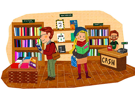 PSD 여자 남자 일러스트 책장 성인 책 세명 쇼핑 독서 종업원 즐거움 설레임 서점 국내일러스트 직업 감정 가구 사람 상점 파일형식