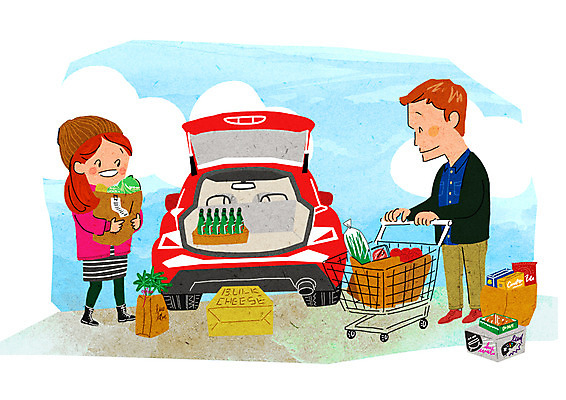 PSD 커플 여자 남자 일러스트 자동차 성인 두명 쇼핑 장보기 카트 즐거움 설레임 식료품백 자동차트렁크 국내일러스트 감정 육상교통 관계 사람 파일형식