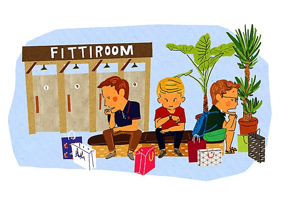 PSD 남자 화분 일러스트 성인 세명 쇼핑 쇼핑백 기다림 즐거움 설레임 피팅룸 국내일러스트 감정 가방 모션 사람 옷가게 파일형식