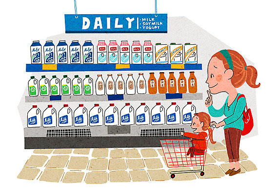 PSD 여자 어린이 일러스트 성인 두명 쇼핑 장보기 카트 우유 즐거움 진열장 설레임 국내일러스트 감정 유제품 사람 파일형식