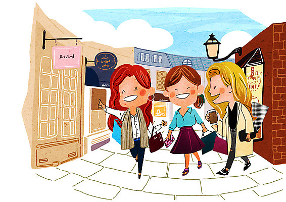 PSD 여자 일러스트 성인 세명 쇼핑 쇼핑백 상점 즐거움 설레임 쇼핑거리 국내일러스트 감정 가방 거리 사람 파일형식