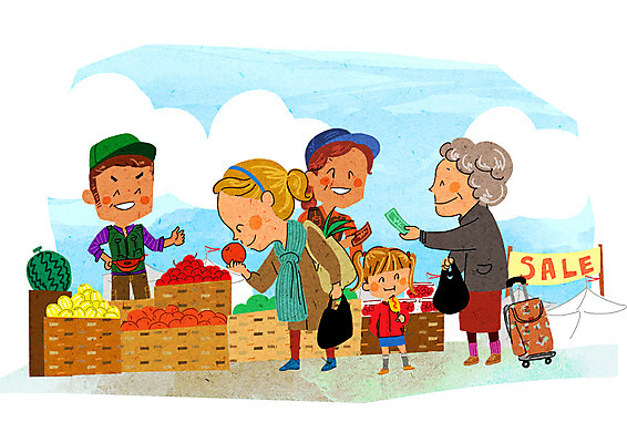 PSD 여자 남자 어린이 과일 일러스트 수박 여러명 성인 쇼핑 세일 시장 사과 장바구니 즐거움 설레임 국내일러스트 감정 다수 사람 바구니 파일형식