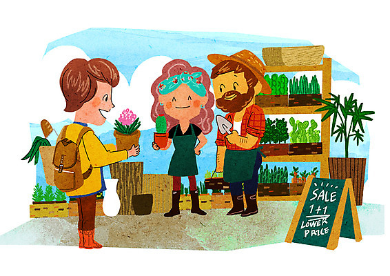 PSD 여자 남자 화분 일러스트 성인 세명 쇼핑 꽃집 모종삽 즐거움 판매원 설레임 국내일러스트 직업 감정 사람 상점 삽 파일형식