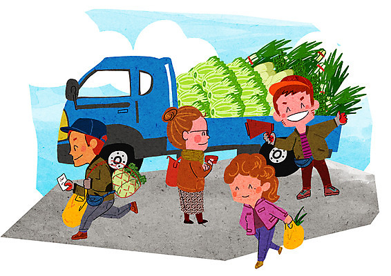 PSD 여자 남자 채소 일러스트 여러명 성인 쇼핑 확성기 트럭 즐거움 배추 파 설레임 국내일러스트 감정 다수 자동차 사람 파일형식