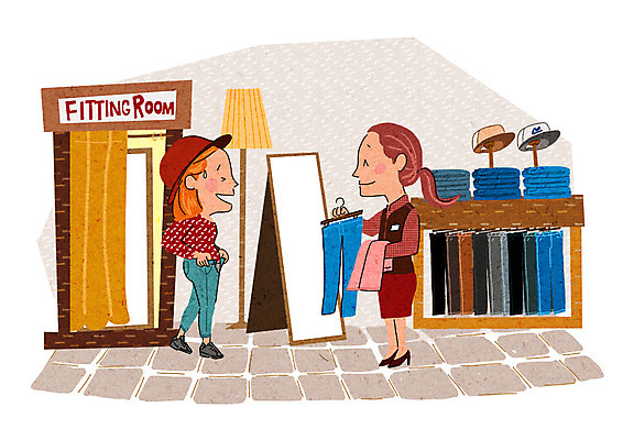 PSD 모자 여자 일러스트 바지 성인 두명 쇼핑 스탠드 즐거움 옷가게 전신거울 설레임 국내일러스트 잡화 옷 감정 하의 조명 사람 상점 거울 파일형식