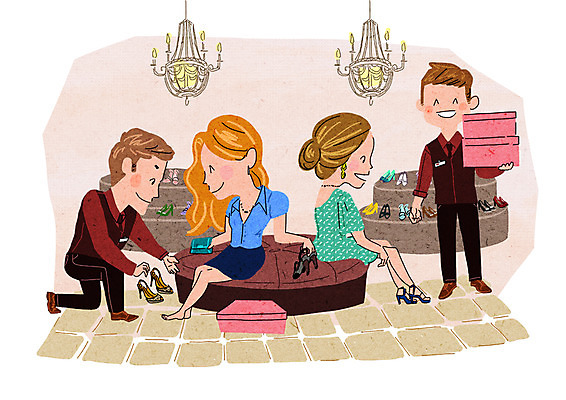 PSD 여자 남자 구두 일러스트 조명 여러명 성인 쇼핑 상자 즐거움 판매원 설레임 신발가게 국내일러스트 직업 감정 다수 신발 사람 상점 파일형식