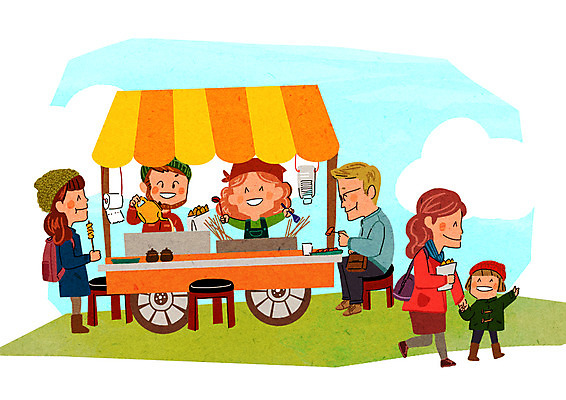 PSD 여자 남자 어린이 일러스트 여러명 성인 쇼핑 떡볶이 어묵꼬치 즐거움 설레임 포장마차 국내일러스트 감정 다수 사람 식당 꼬치 어묵 분식 파일형식