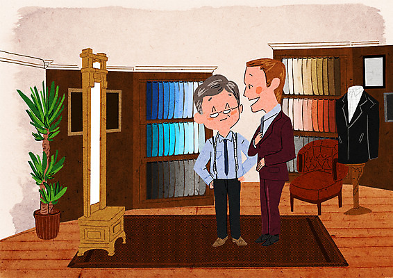 PSD 남자 화분 의자 일러스트 정장 성인 두명 쇼핑 상점 즐거움 전신거울 설레임 국내일러스트 옷 감정 가구 사람 거울 파일형식