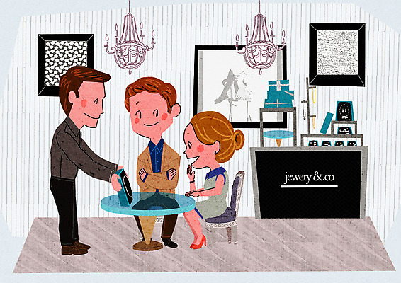 PSD 커플 여자 남자 의자 일러스트 탁자 조명 성인 세명 쇼핑 상점 보석 즐거움 설레임 쥬얼리샵 국내일러스트 감정 가구 관계 사람 광석 파일형식