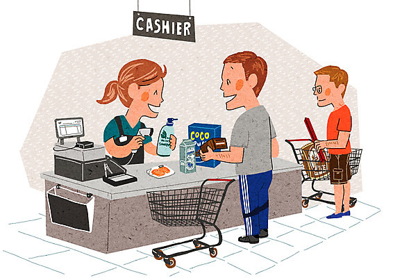 PSD 여자 남자 일러스트 성인 세명 쇼핑 장보기 카트 계산대 즐거움 설레임 계산원 캐셔 국내일러스트 직업 감정 사람 파일형식