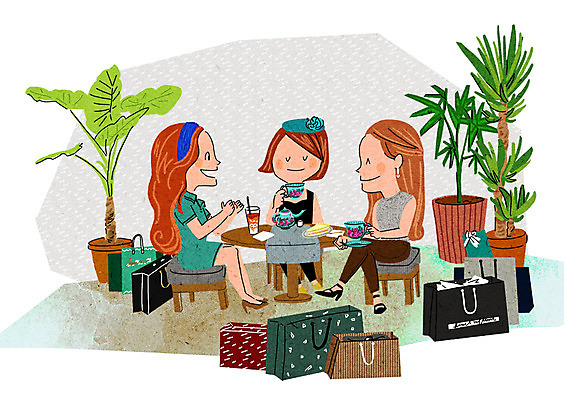 PSD 여자 화분 의자 일러스트 탁자 티타임 휴식 성인 세명 쇼핑 쇼핑백 찻잔 즐거움 수다 설레임 국내일러스트 감정 가구 컨셉 가방 잔 대화 사람 파일형식