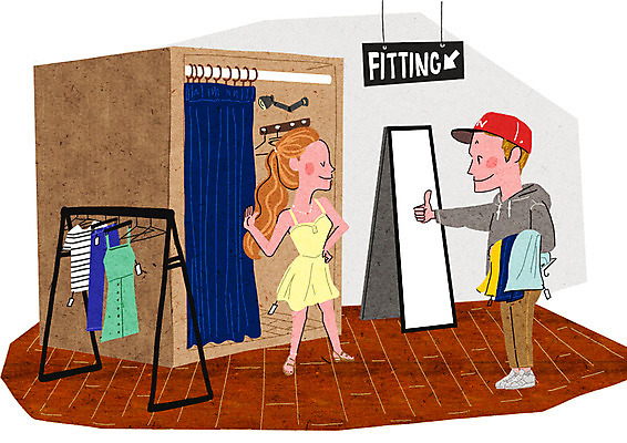 PSD 커플 드레스 여자 남자 일러스트 성인 두명 쇼핑 엄지손가락 최고 옷걸이 즐거움 전신거울 설레임 피팅룸 국내일러스트 옷 감정 손가락 관계 사람 거울 옷가게 파일형식